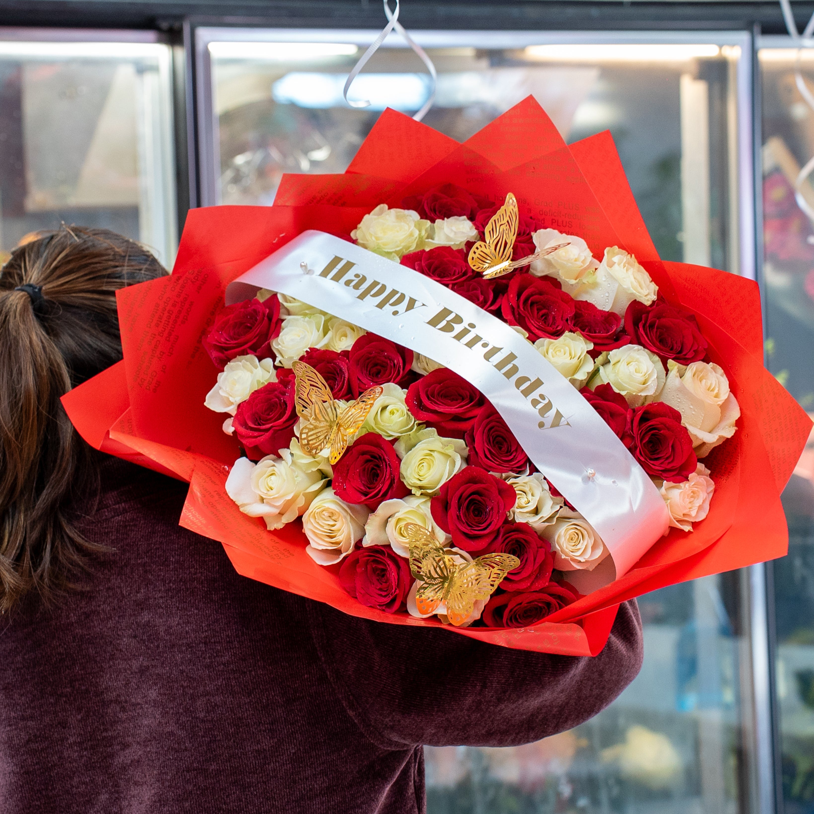 Birthday Red and White Rose Bouquet